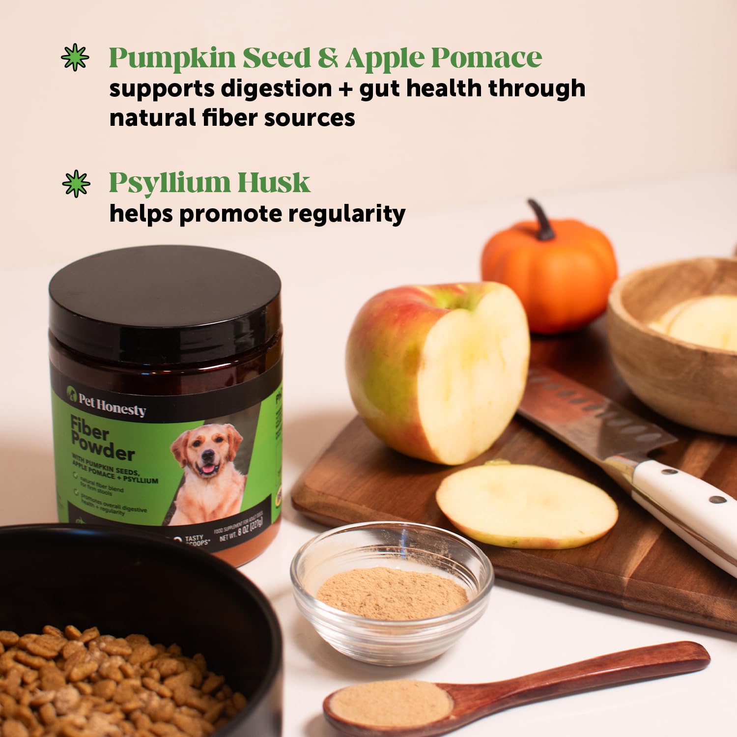 Pet Honesty - ingredientes naturales: calabaza, pectina de manzana y psyllium