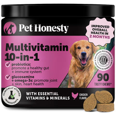 Pet Honesty multivitamínico para perros en botella, apoyo diario a la salud.