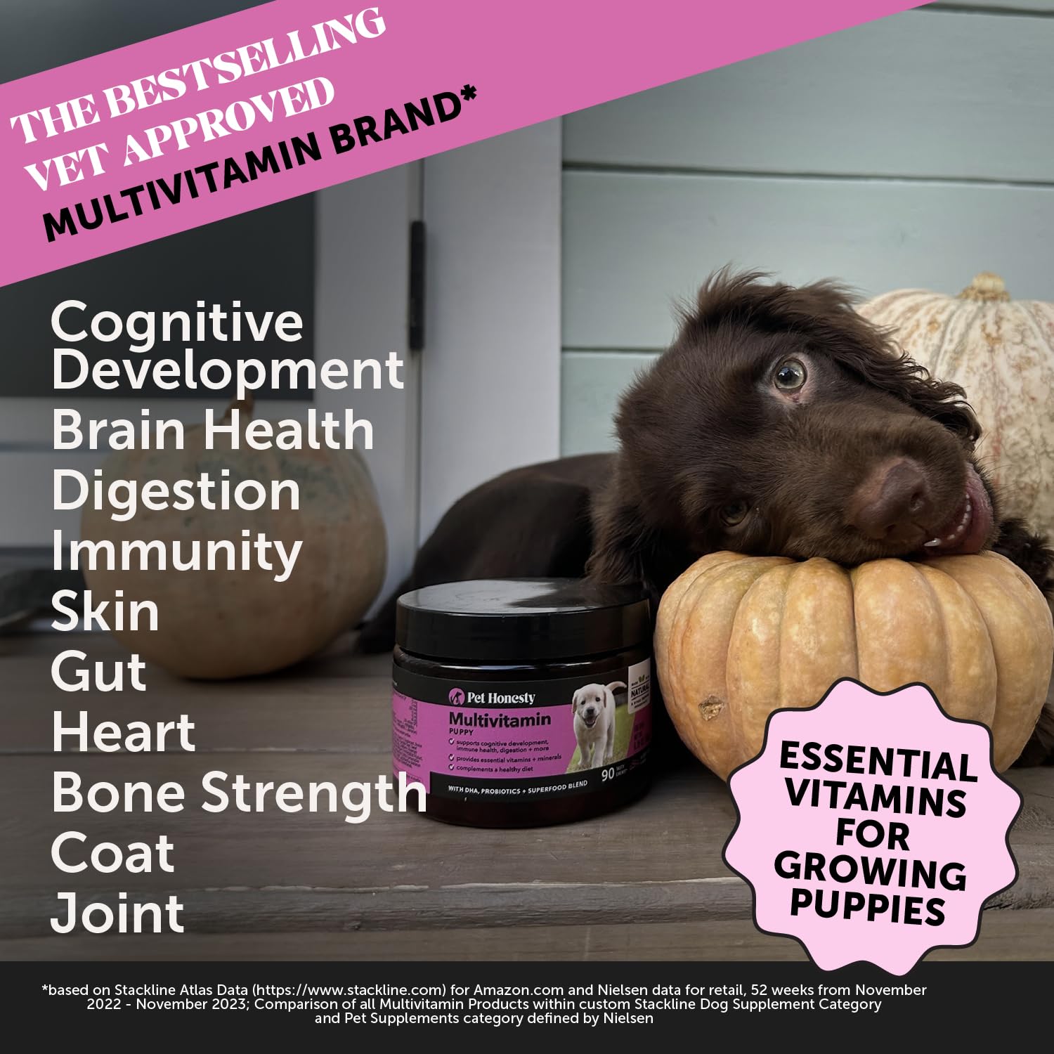 Pet Honesty multivitamin puppy treats, envase y etiqueta claros, facilitan entender los beneficios