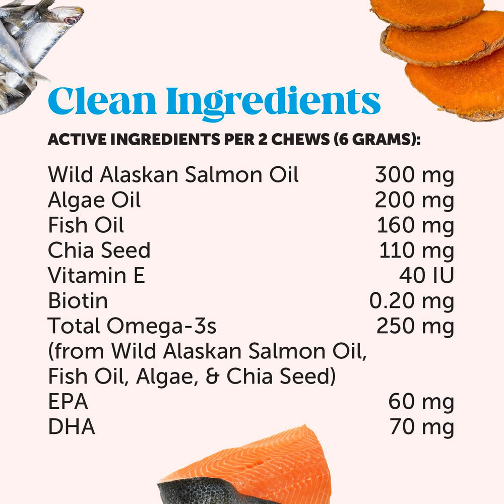 Ingredientes naturales de Pet Honesty Omega Skin Health chews, sin colorantes artificiales.
