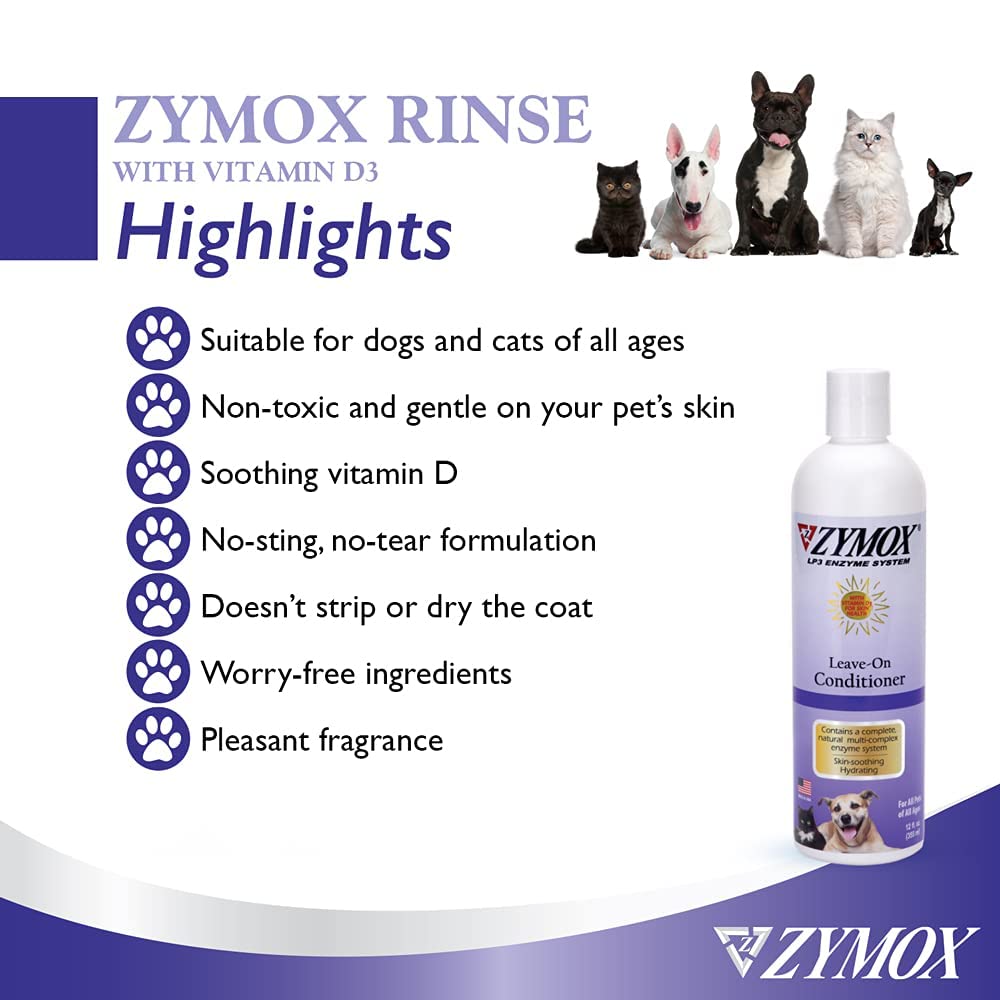 Pet King Brands ZYMOX acondicionador sin enjuague, textura cremosa que se extiende fácilmente y facilita el peinado.