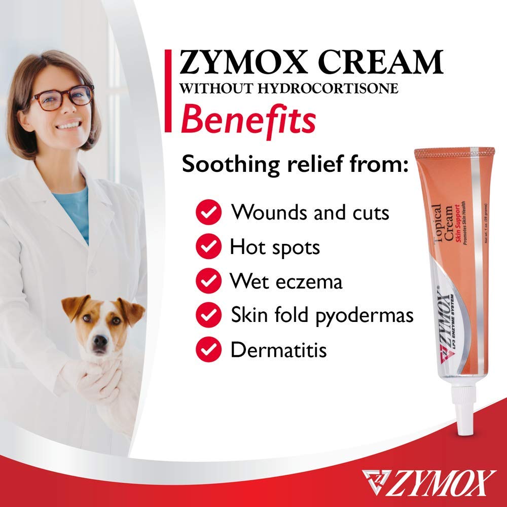 ZYMOX crema local para dermatitis y picor en perros y gatos; uso seguro en zonas sensibles.