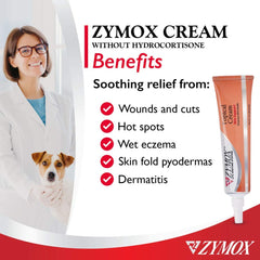 ZYMOX crema local para dermatitis y picor en perros y gatos; uso seguro en zonas sensibles.