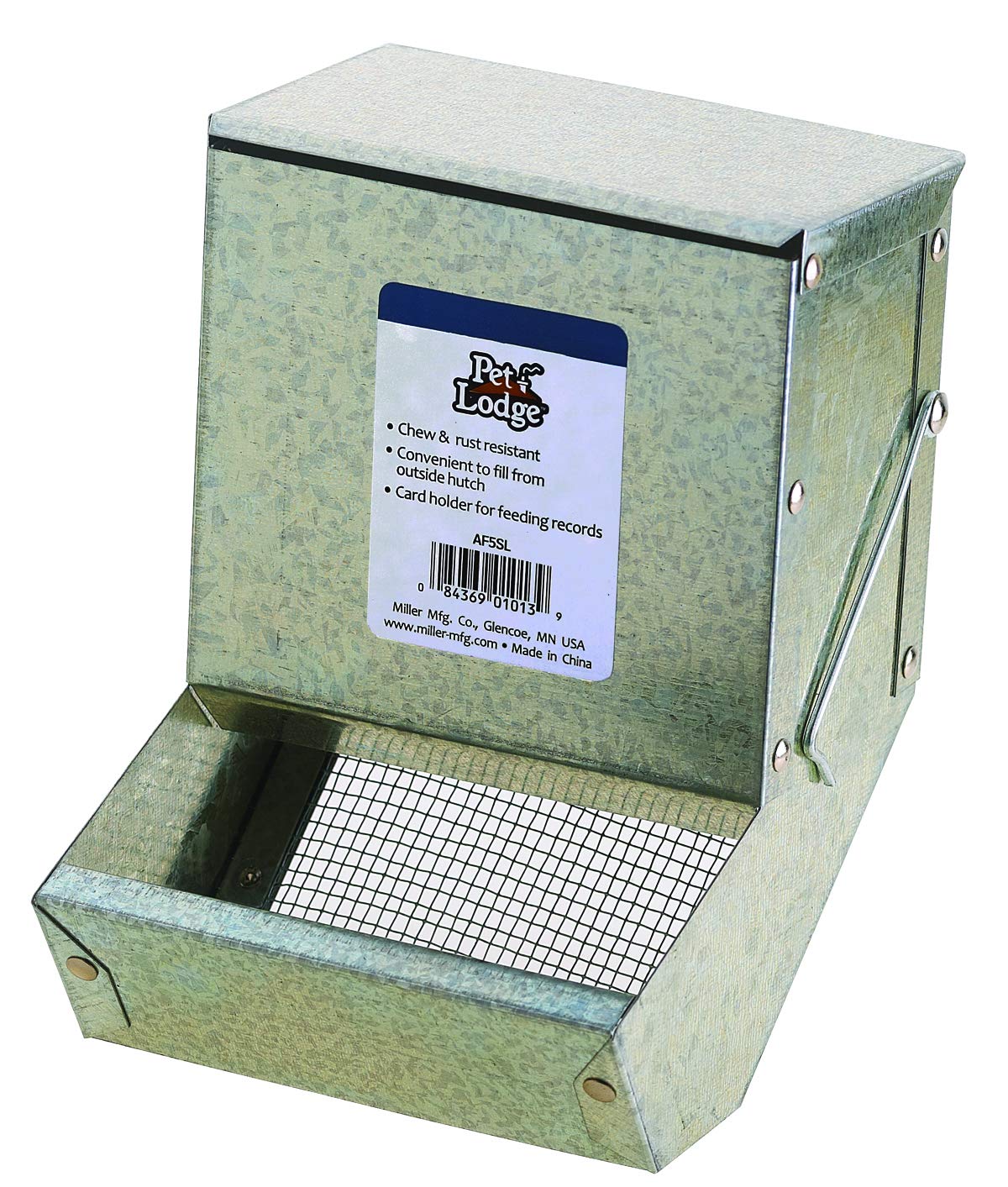 Alimentador de acero Pet Lodge con tapa y tamiz para animales pequeños, seguro y práctico.
