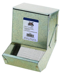 Alimentador de acero Pet Lodge con tapa y tamiz para animales pequeños, seguro y práctico.