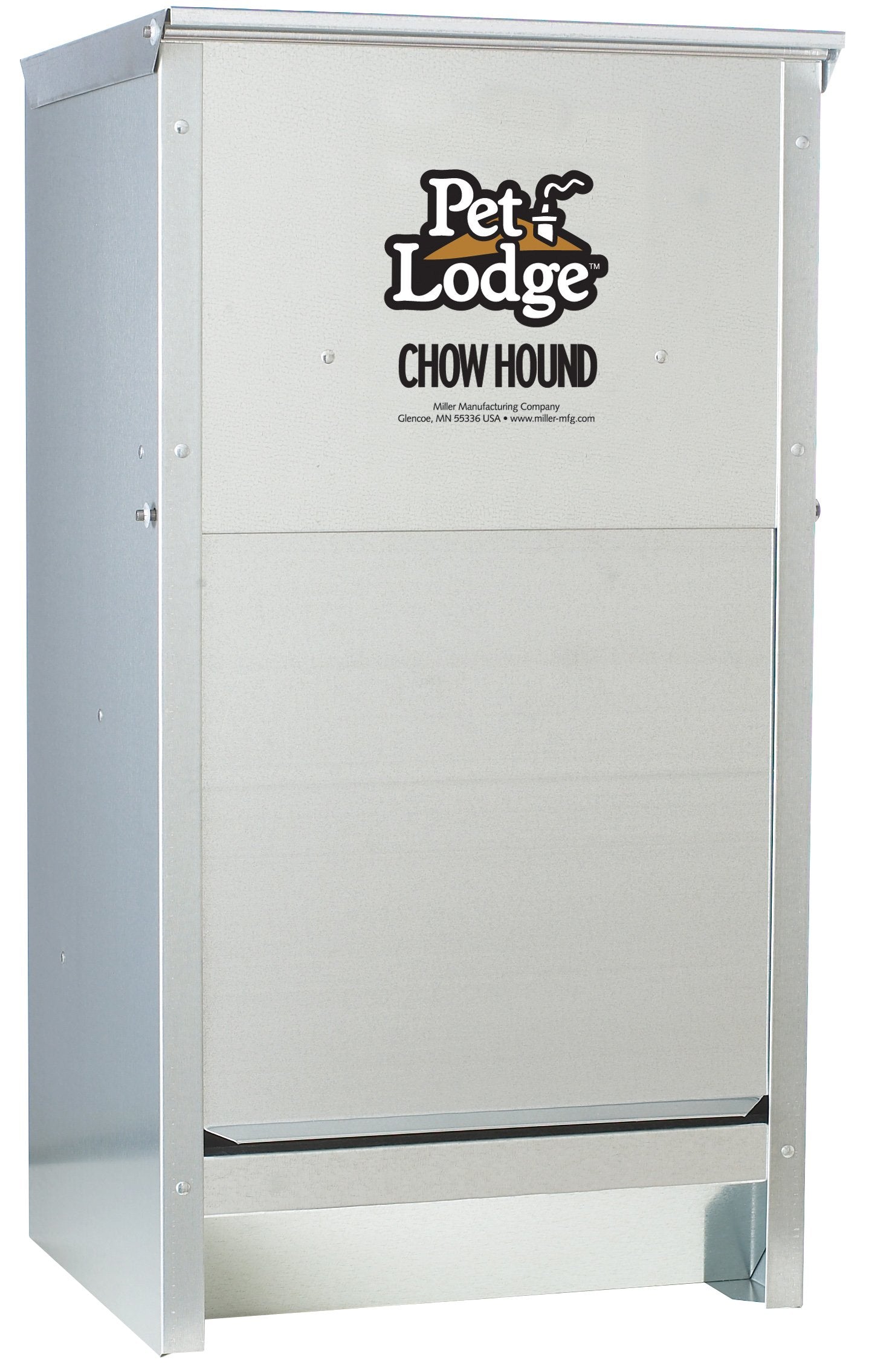 Pet Lodge Alimentador automático de perros, vista frontal, cuerpo de acero duradero para interior o exterior.