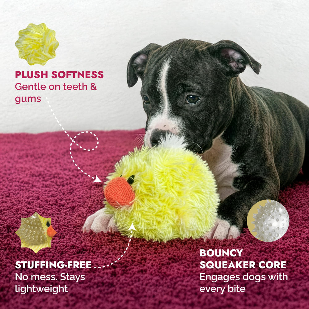 Pet Lou DOG'Z peluche suave amarillo, textura agradable para mordidas ligeras.