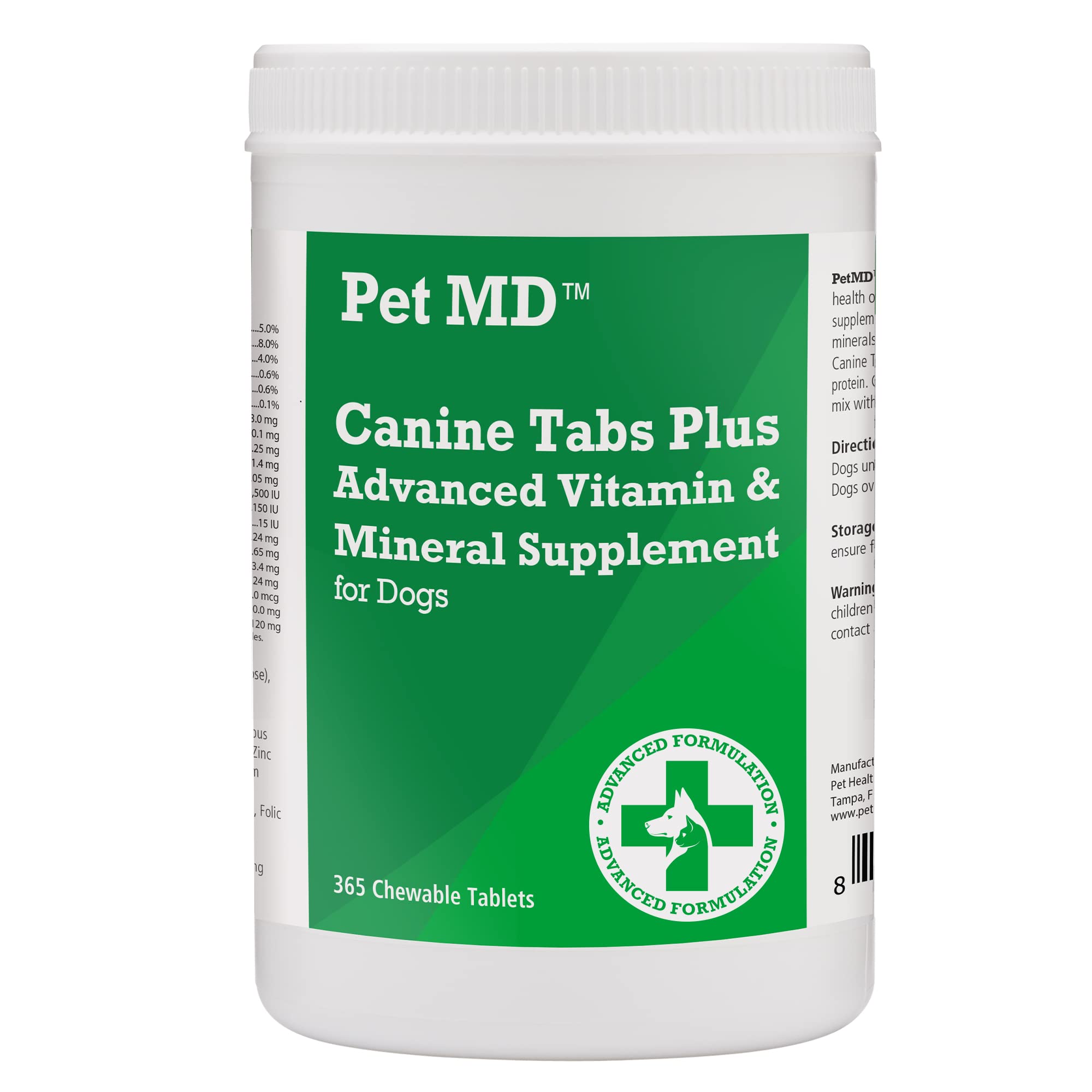 Pet MD Canine Tabs Plus 365, envase frontal, suplemento diario para perros activos.
