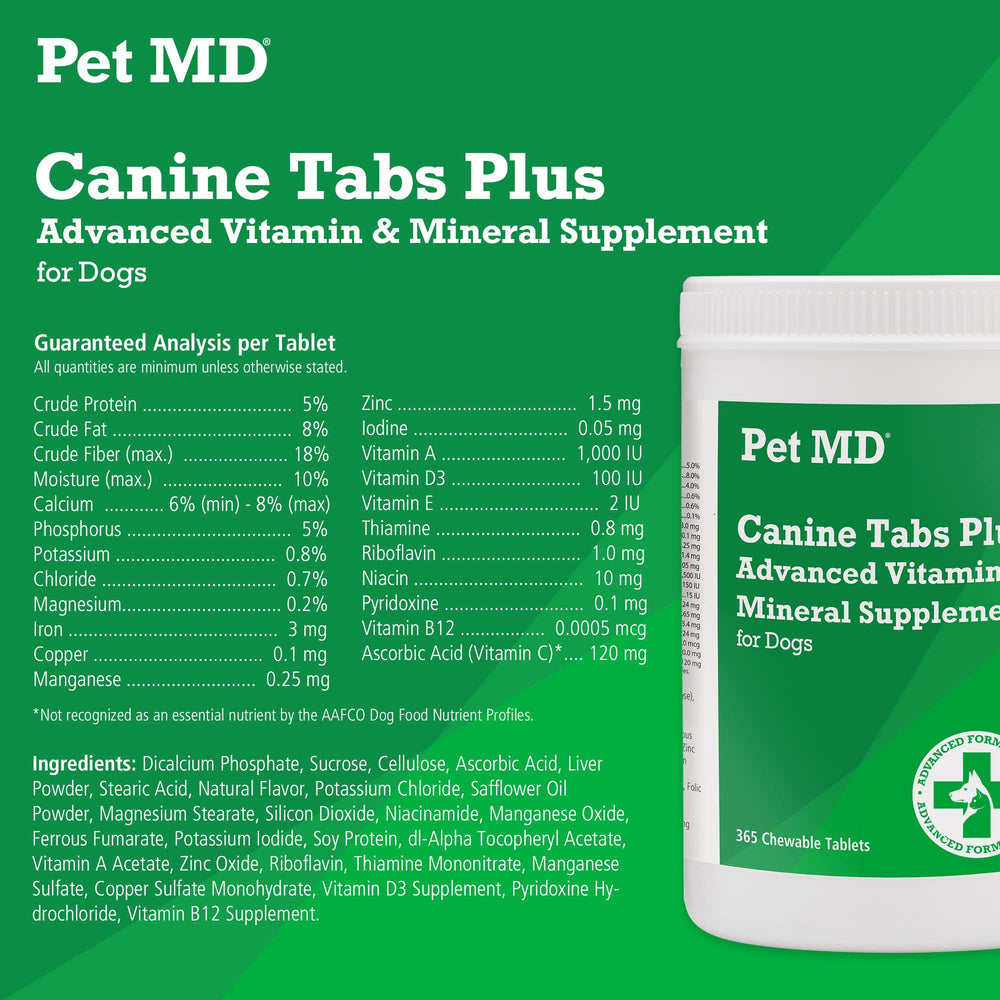 Pastillas sabor hígado de Pet MD Canine Tabs Plus, masticables que promueven pelaje sano.
