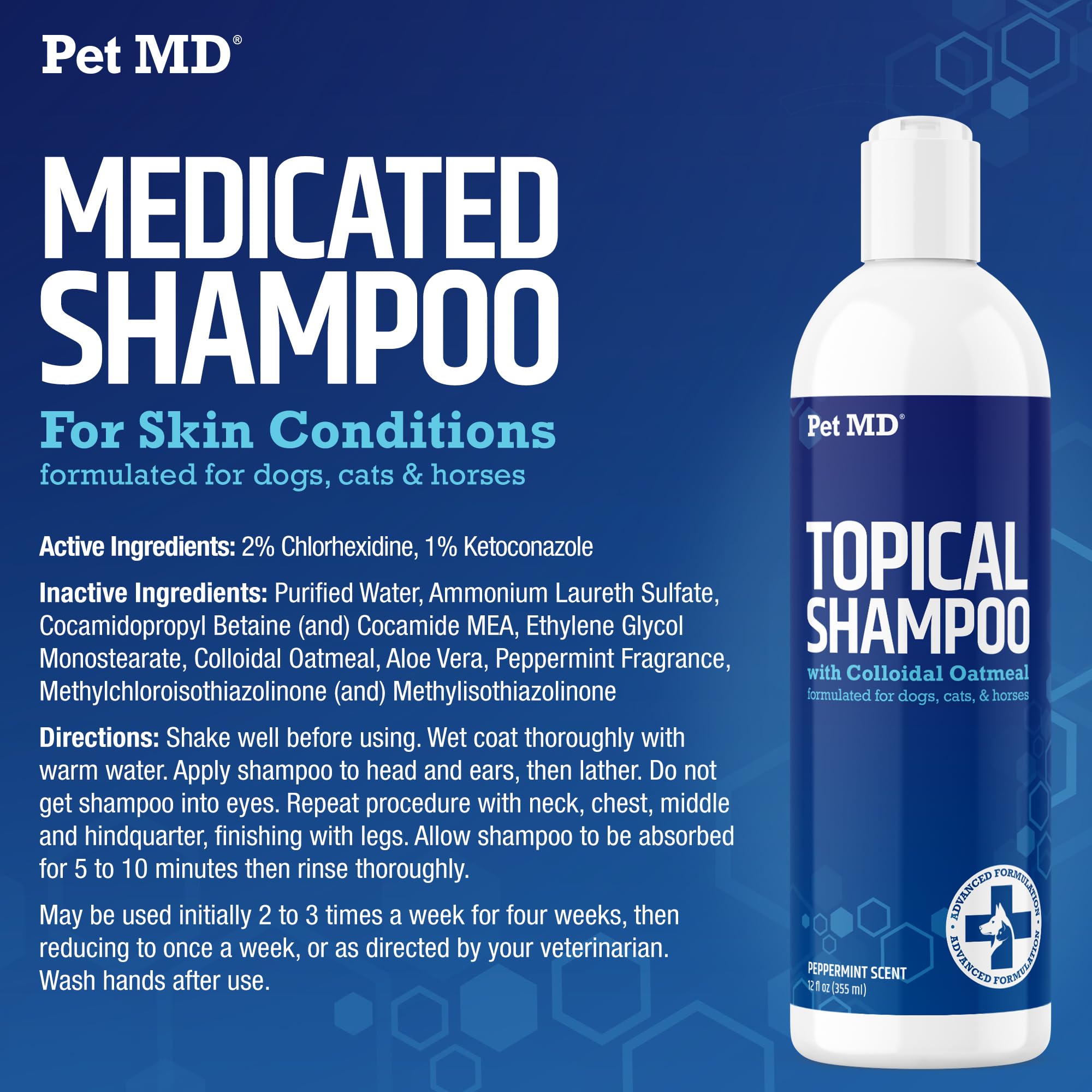 Pet MD champú tópico, etiqueta clara con información y beneficios suaves para la piel.