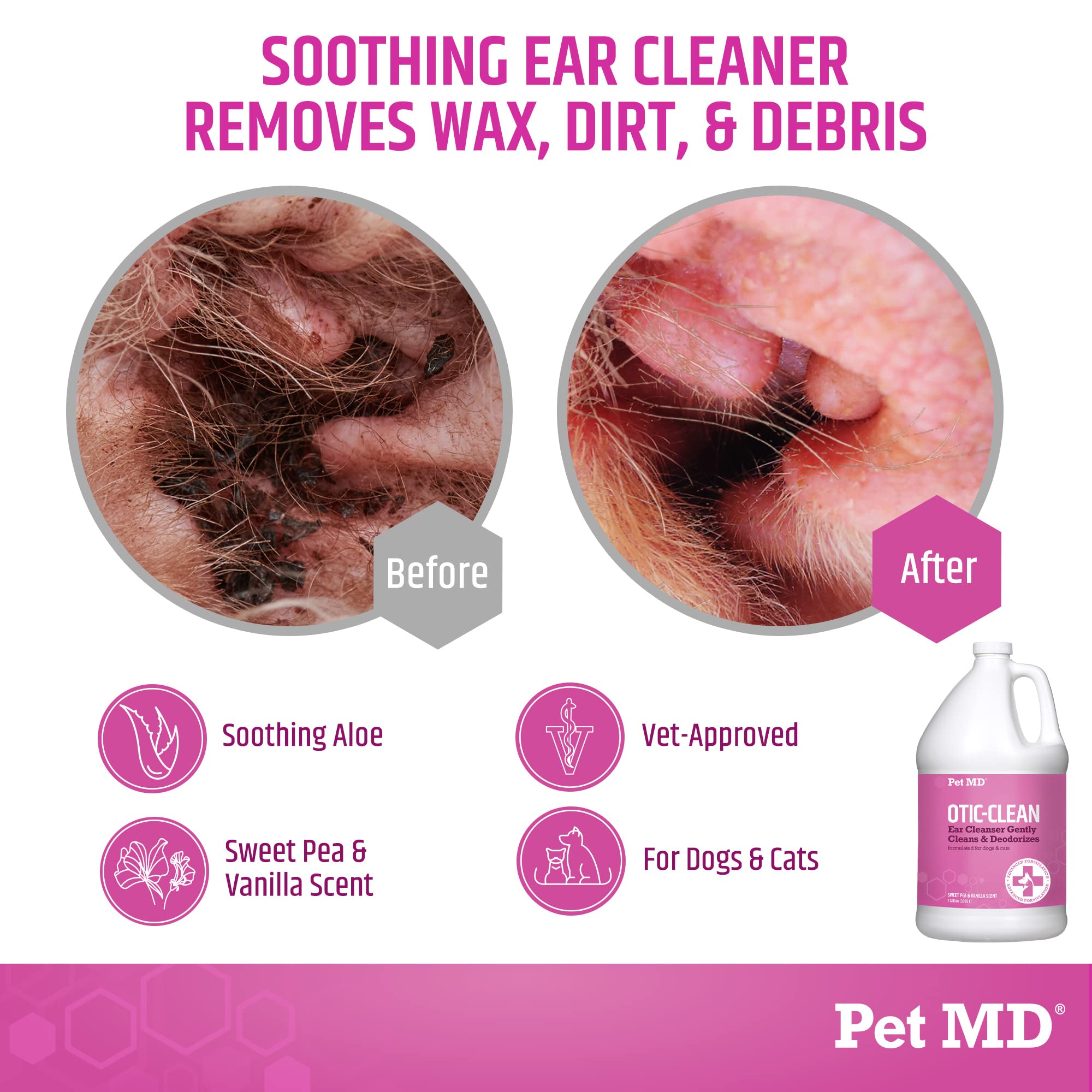 Pet MD Otic-Clean con aloe vera para calma durante la limpieza de oídos.