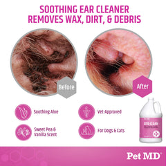 Pet MD Otic-Clean con aloe vera para calma durante la limpieza de oídos.