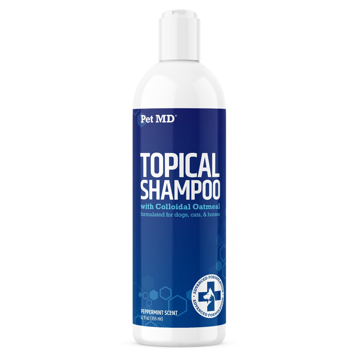 Pet MD TopicalShampoo en botella 12oz para limpieza suave de la piel.