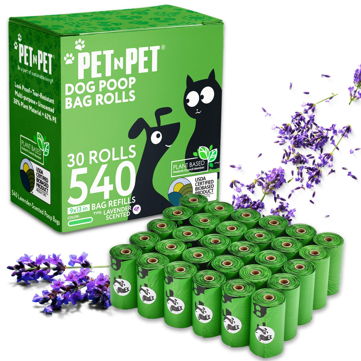 Pet N Pet bolsas para desechos verde lavanda, ideales para paseos limpios.