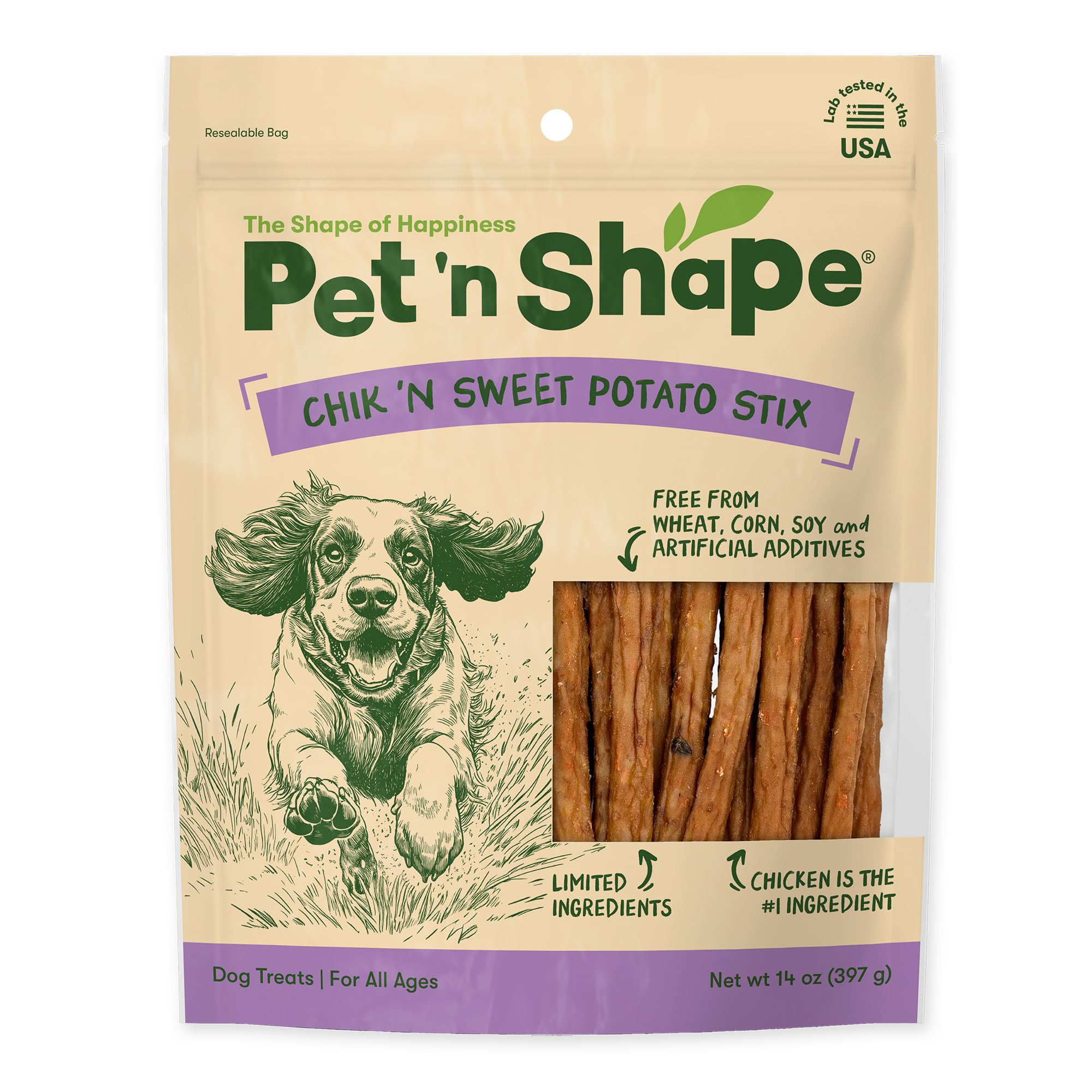 Pet 'n Shape Chik 'n Sweet Potato Stix, porciones para entrenamiento fáciles de usar.
