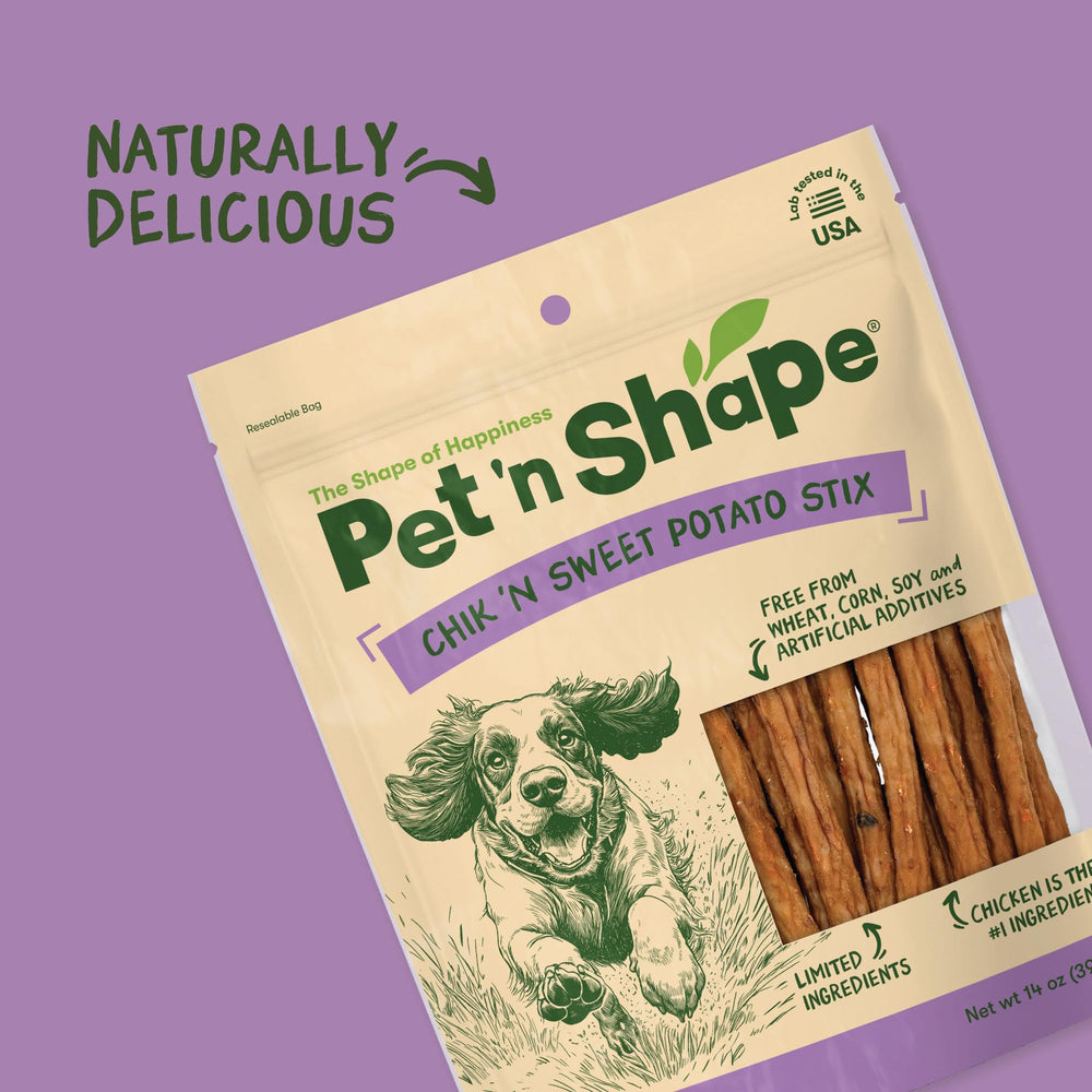 Pet 'n Shape Chik 'n Sweet Potato Stix con pollo y batata, proteínas y fibra.