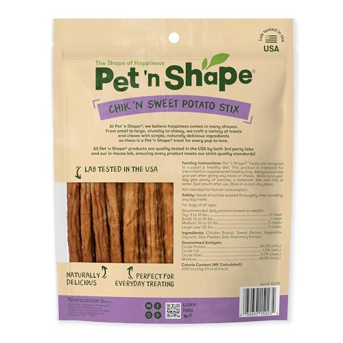 Pet 'n Shape Chik 'n Sweet Potato Stix sin granos, opción saludable para perros.