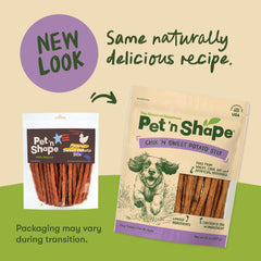 Pet 'n Shape Chik 'n Sweet Potato Stix en trozos masticables para recompensas.