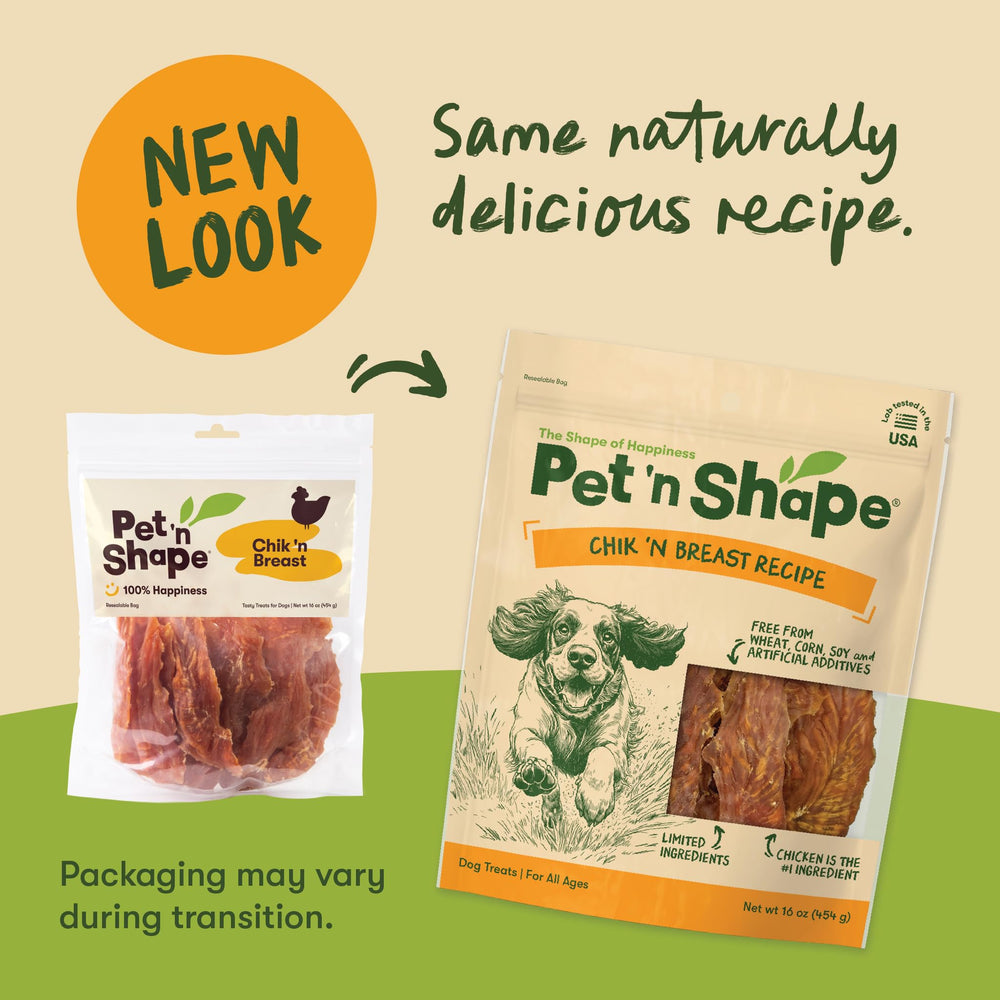 Pet 'n Shape Chik 'n Breast Jerky, sin granos para perros sensibles.