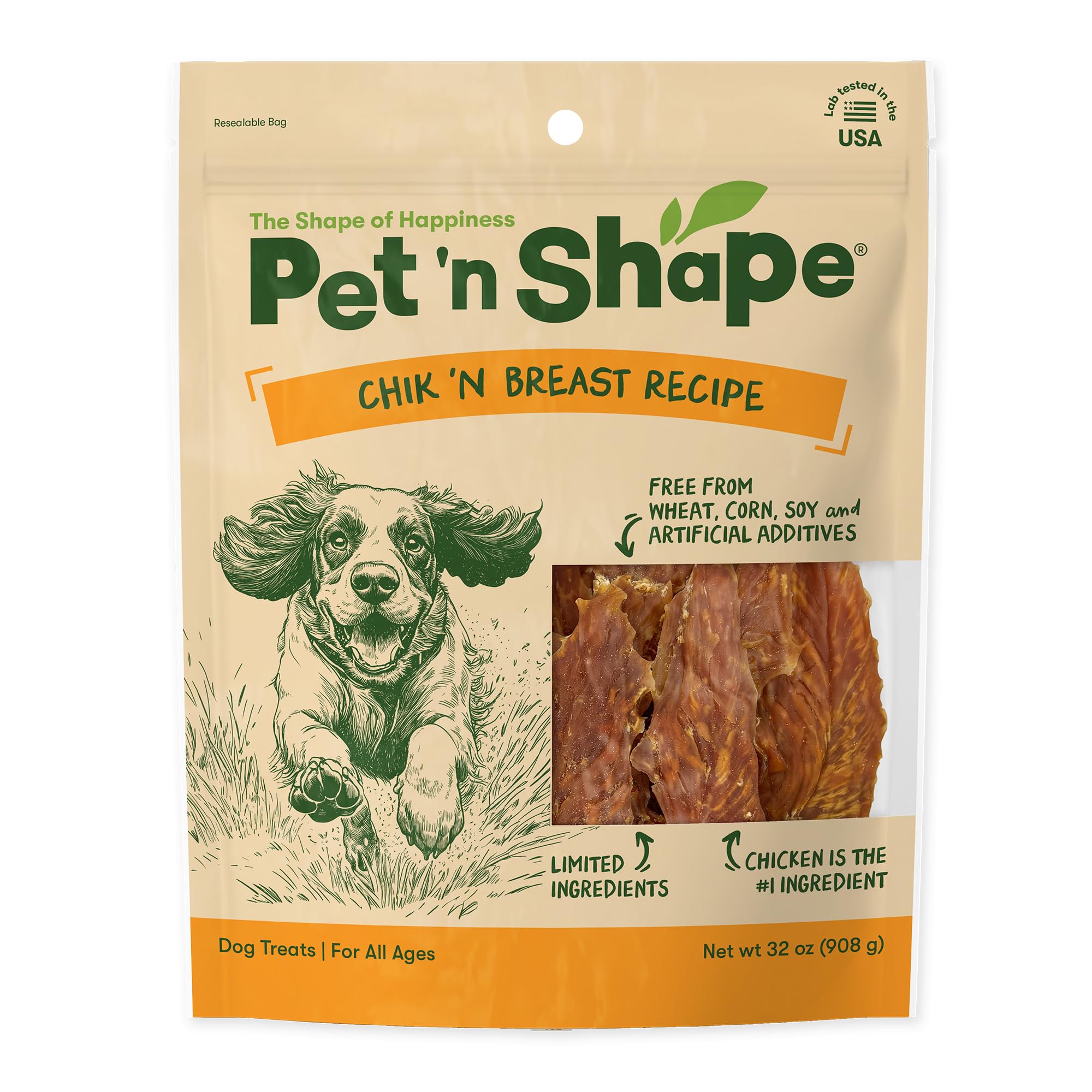 Pet 'n Shape Chik 'n Breast Jerky, tiras de pollo sabrosas para recompensa de entrenamiento.