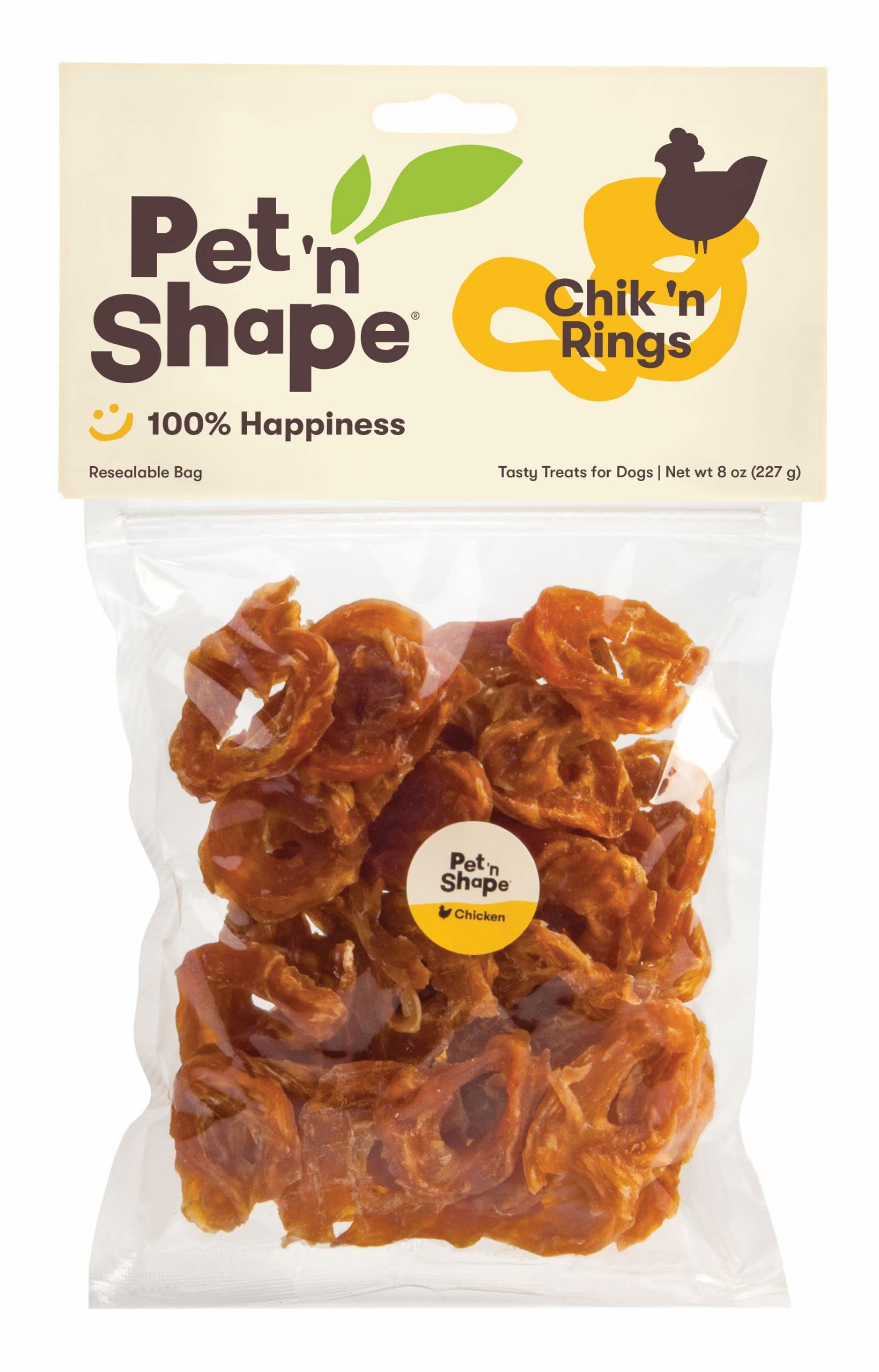 Pet 'n Shape Chik 'n Rings en bolsa con cierre hermético, snack práctico para perros.