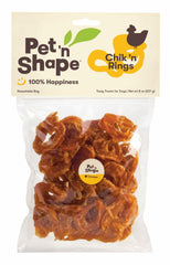 Pet 'n Shape Chik 'n Rings en bolsa con cierre hermético, snack práctico para perros.