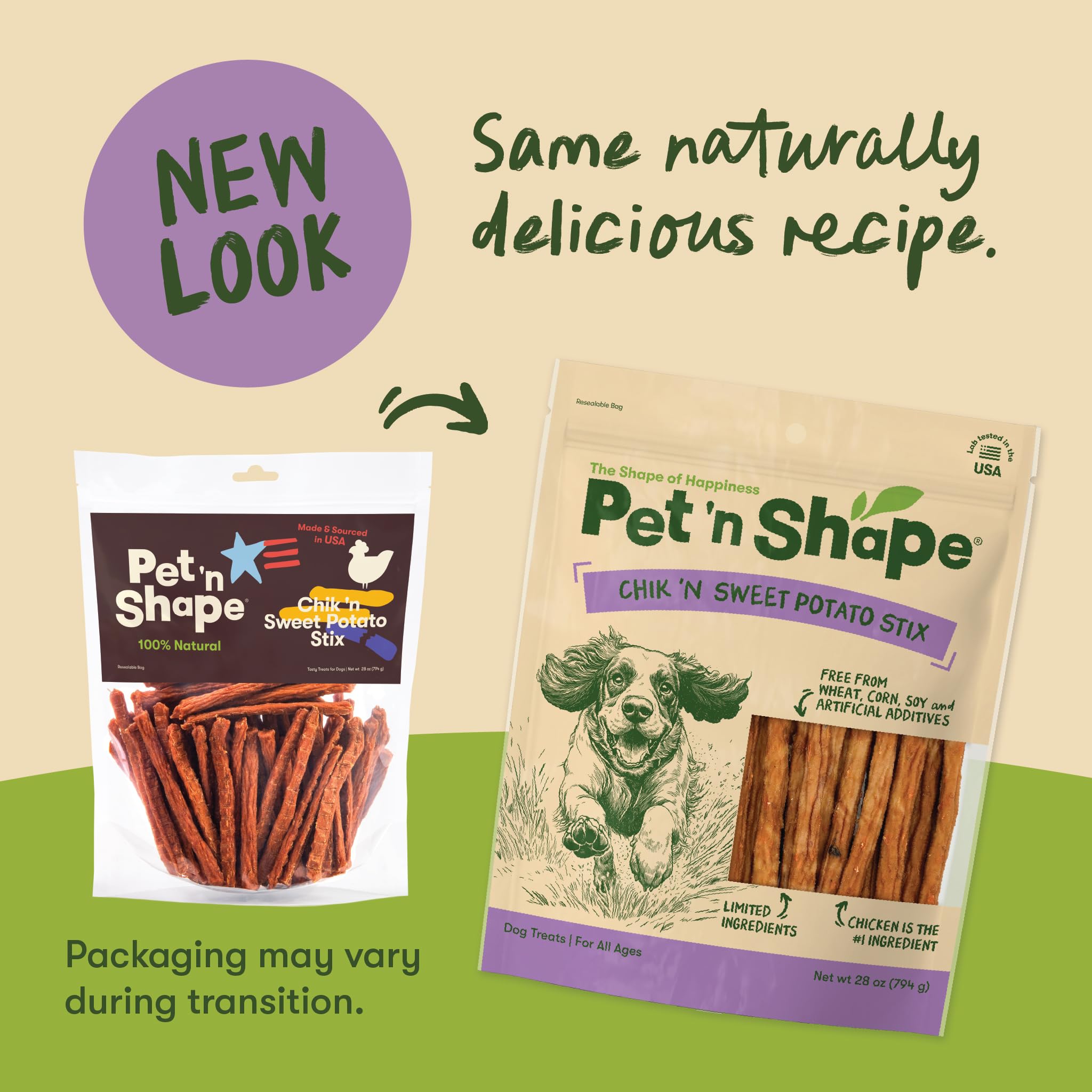 Pet 'n Shape Chik 'n Sweet Potato Stix, sin trigo, soja ni maíz
