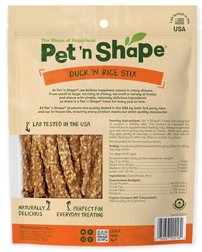 Pet 'n Shape Palitos Pato y Arroz, ideal para entrenamiento y refuerzo positivo.