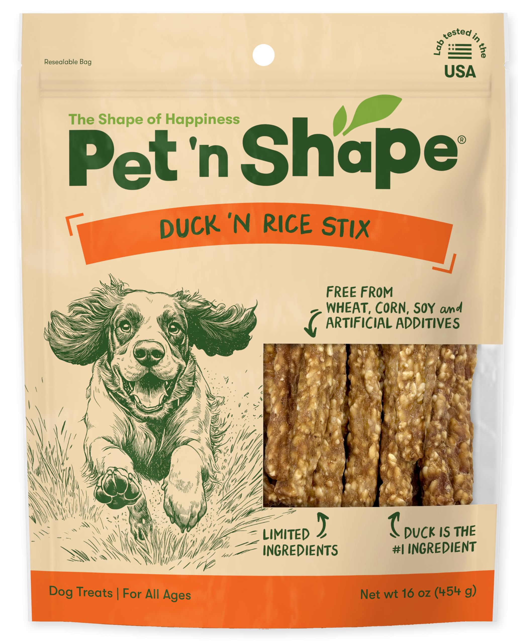 Pet 'n Shape Palitos Pato y Arroz, primer plano crujiente para recompensas diarias.