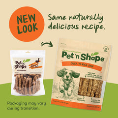 Pet 'n Shape Palitos Pato y Arroz, empaque con cierre hermético para frescura.