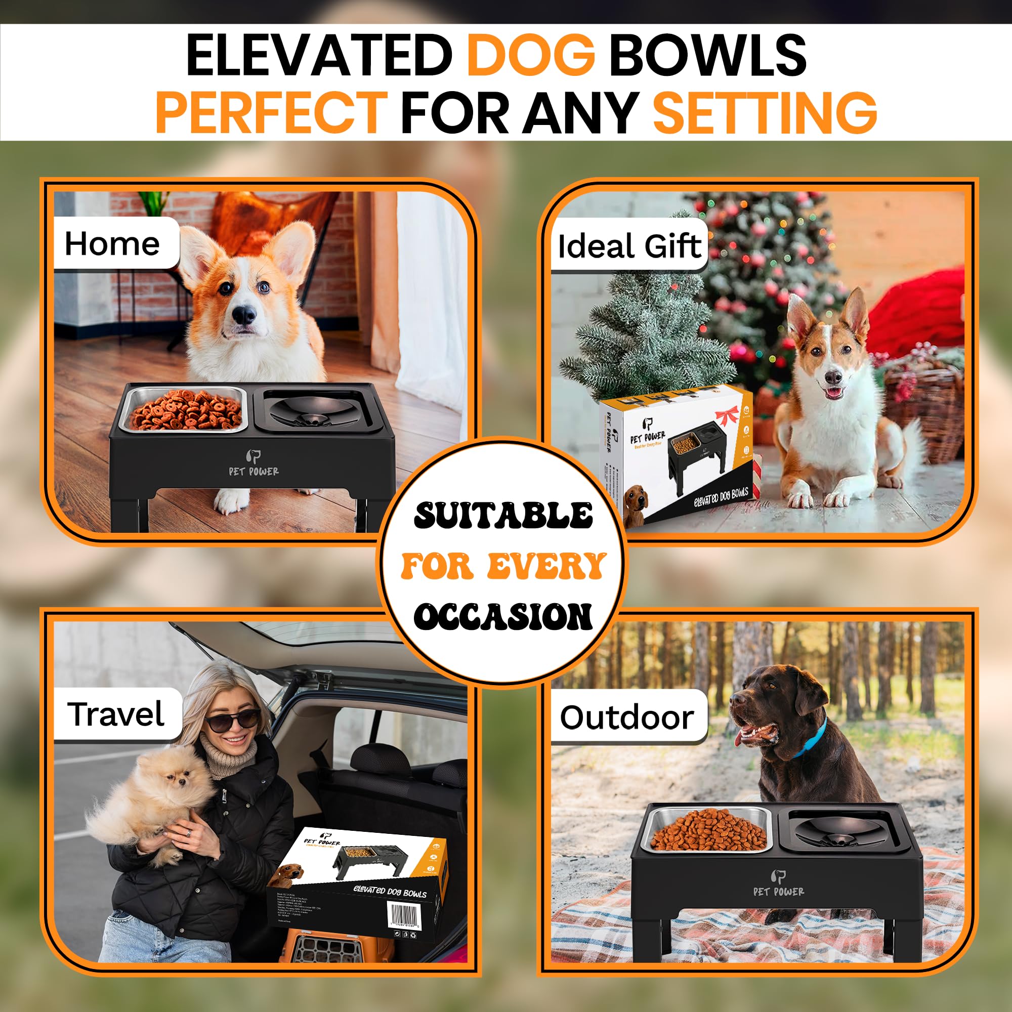 PET POWER conjunto de comedero y bebedero para hogares con perros de tamaño variable.