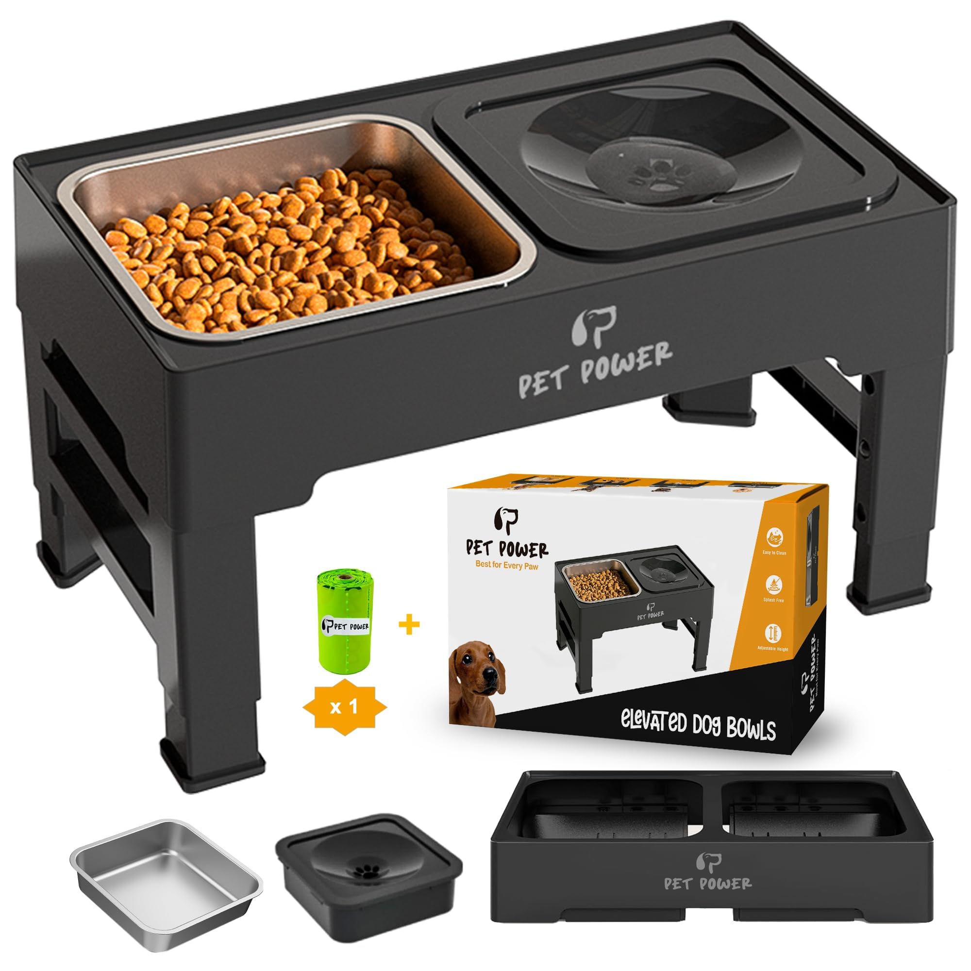 PET POWER cuenco elevado para perros, acero inoxidable duradero y cómodo para comer.
