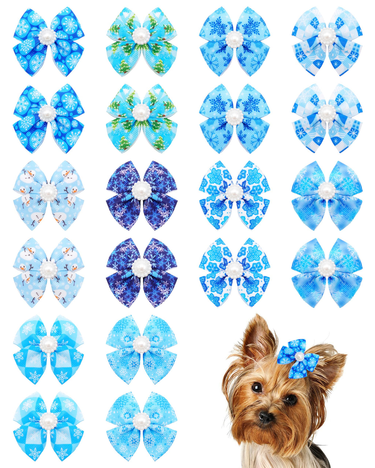 PET SHOW lazo azul con copos de nieve para perro, estilo festivo.