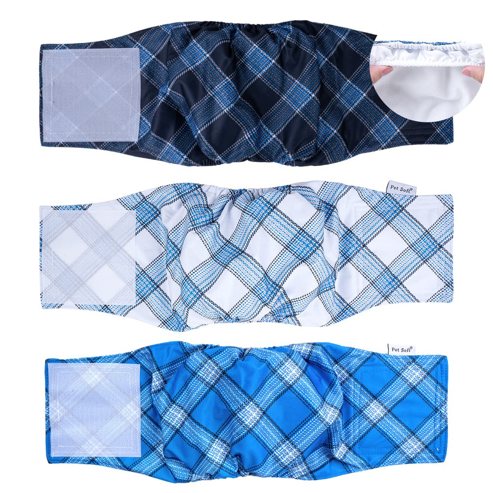 Bandas para vientre Pet Soft XL con diseño azul a cuadros para perros machos.