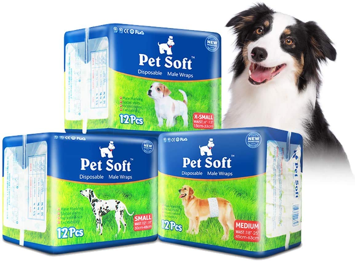 Pañales Pet Soft para perros macho XS en empaque de 72 uds, ideal para viajes y entrenamiento