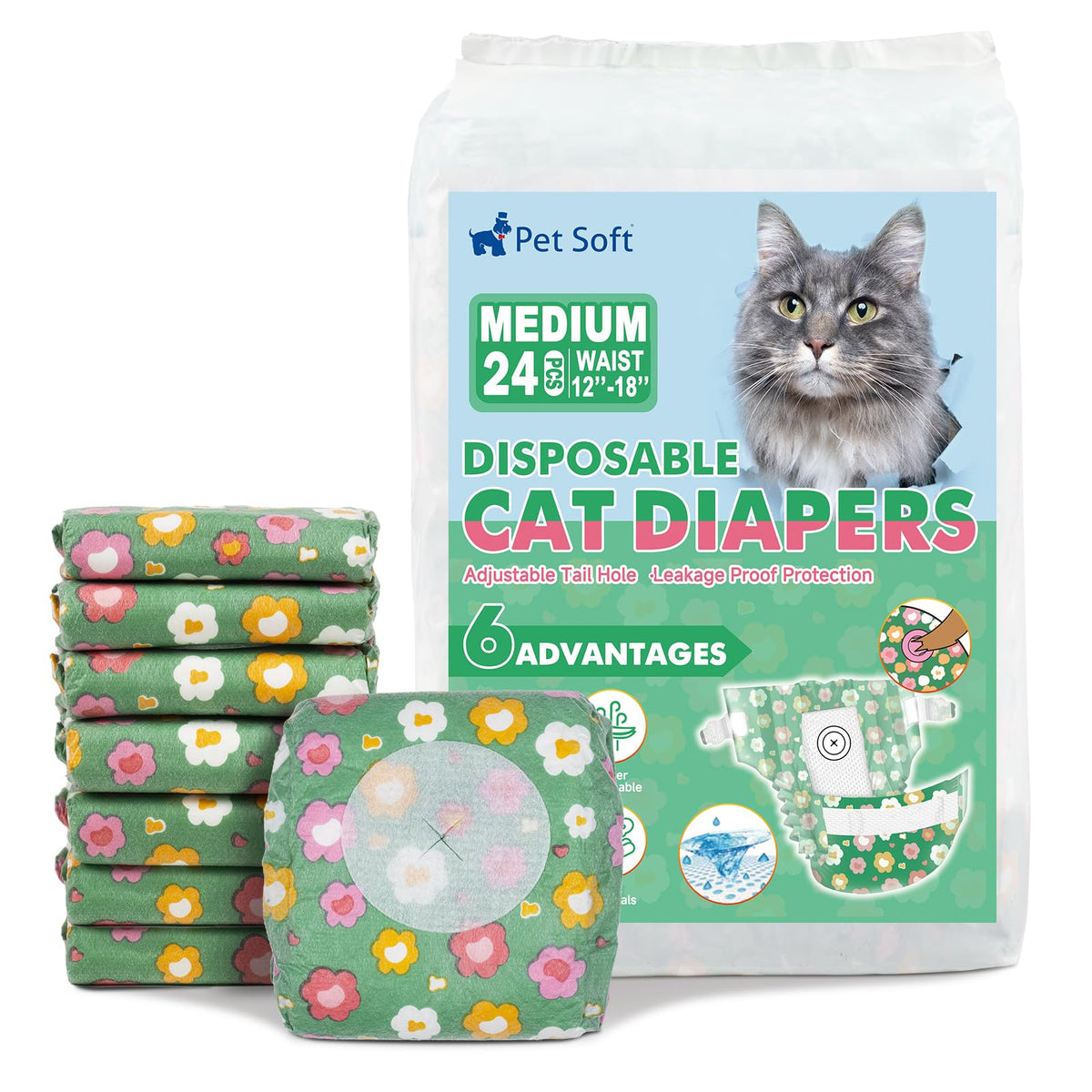 Pañales Pet Soft para gatos con diseño floral, ajuste cómodo y protección.