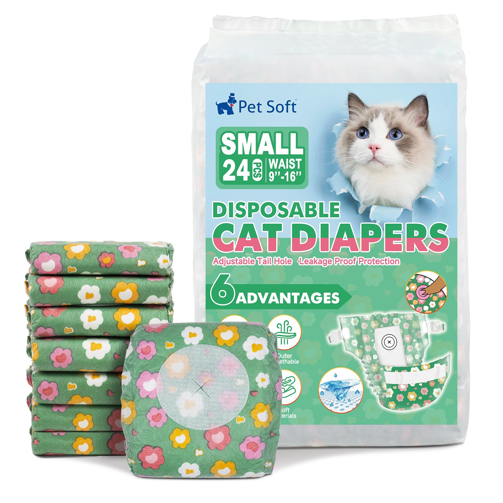 Pañales Pet Soft para gatos con diseño floral, cómodos y prácticos.