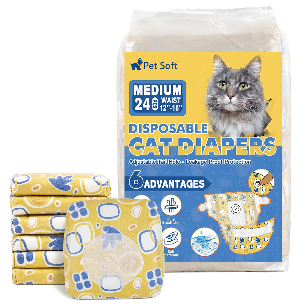 Pet Soft pañales gatos medianos frente, ajuste cómodo para uso diario.