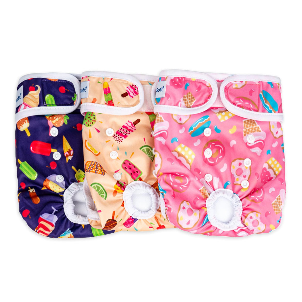 Pañales Pet Soft para perros femeninos con patrones divertidos para uso diario.