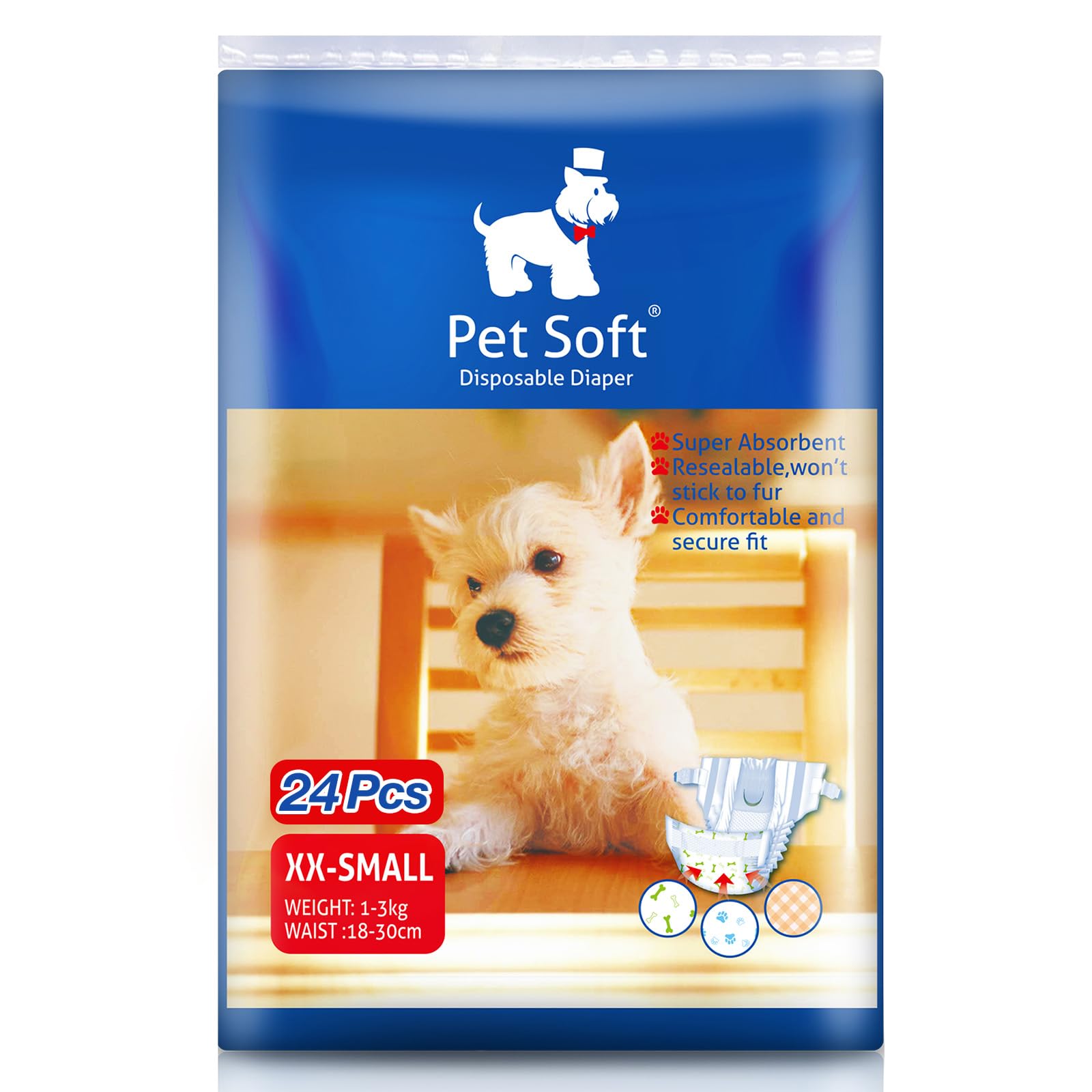 Pañales Pet Soft XXSmall con ajuste cómodo para perros muy pequeños.