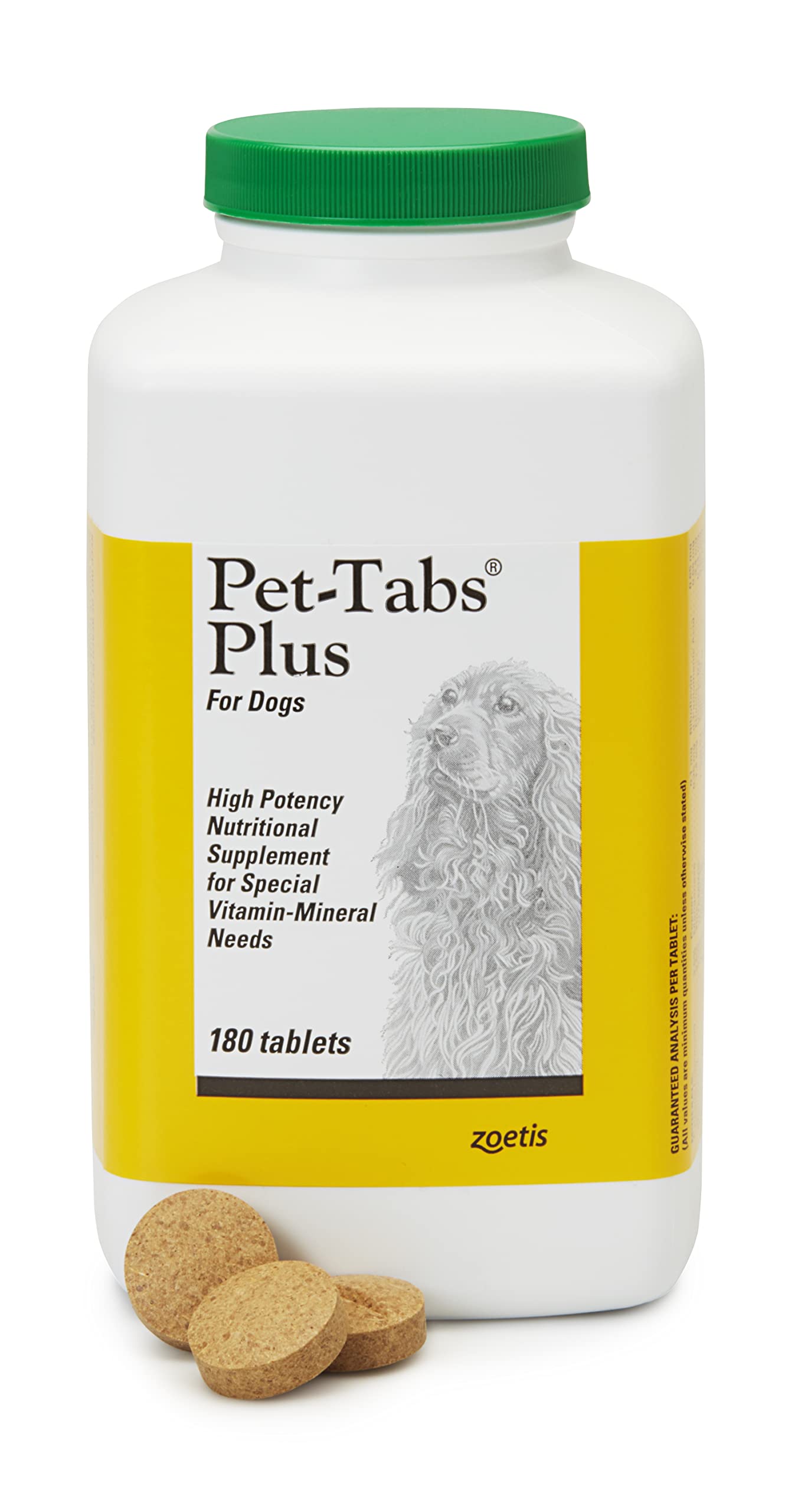 Pet-Tabs Plus en la botella frontal, apoyo diario para la nutrición de perros.