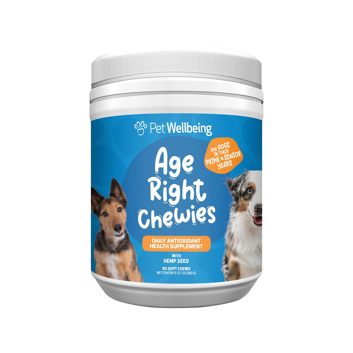 Pet Wellbeing Age Right: gomitas blandas para perros, sabor agradable y soporte diario.