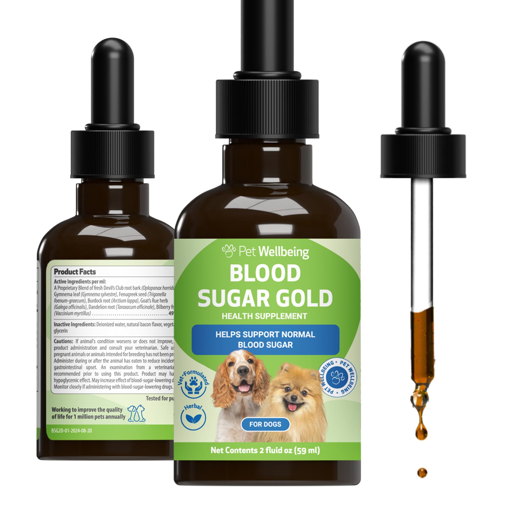 Pet Wellbeing Blood Sugar Gold: botella para administración diaria y soporte metabólico.