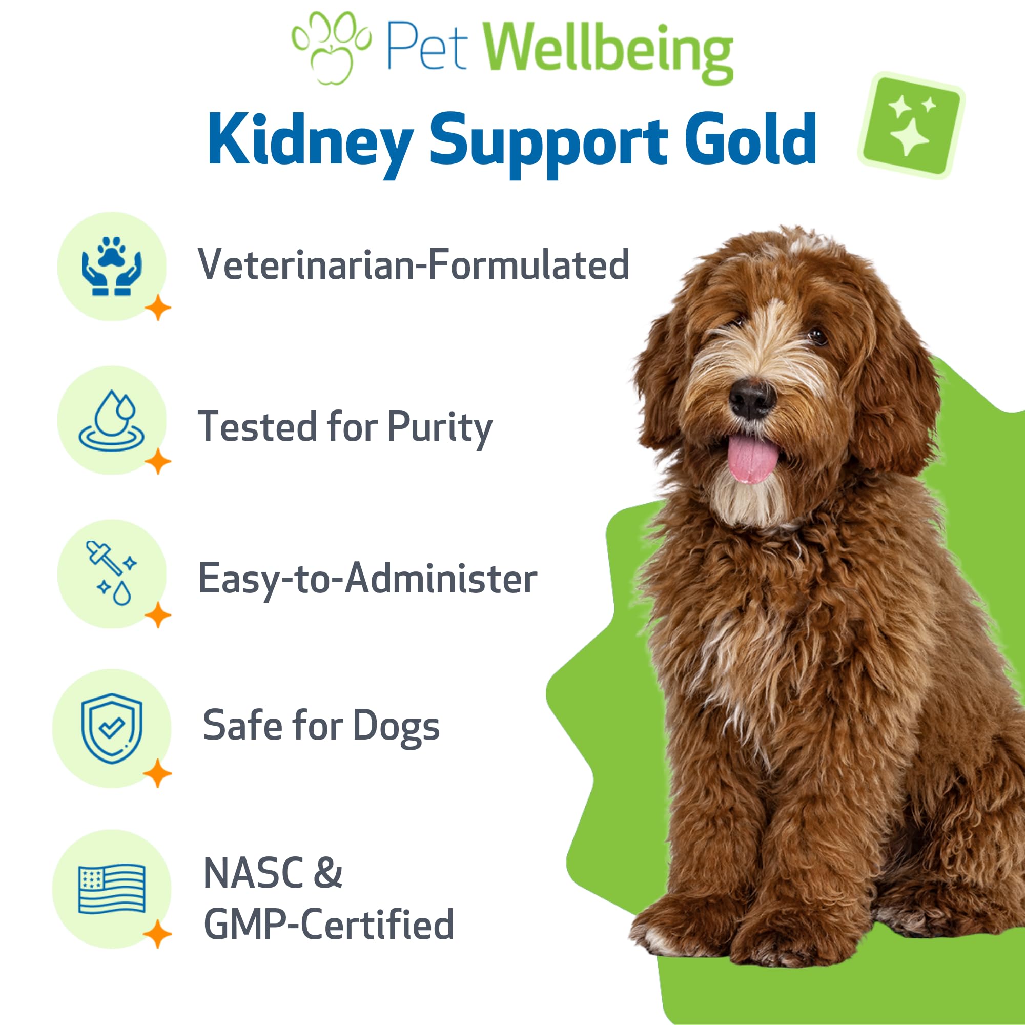 Pet Wellbeing Kidney Support Gold: hecho en EE. UU. con estándares de calidad.