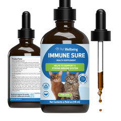 Pet Wellbeing Immune Sure: botella vertiendo para apoyar defensas naturales felinas.
