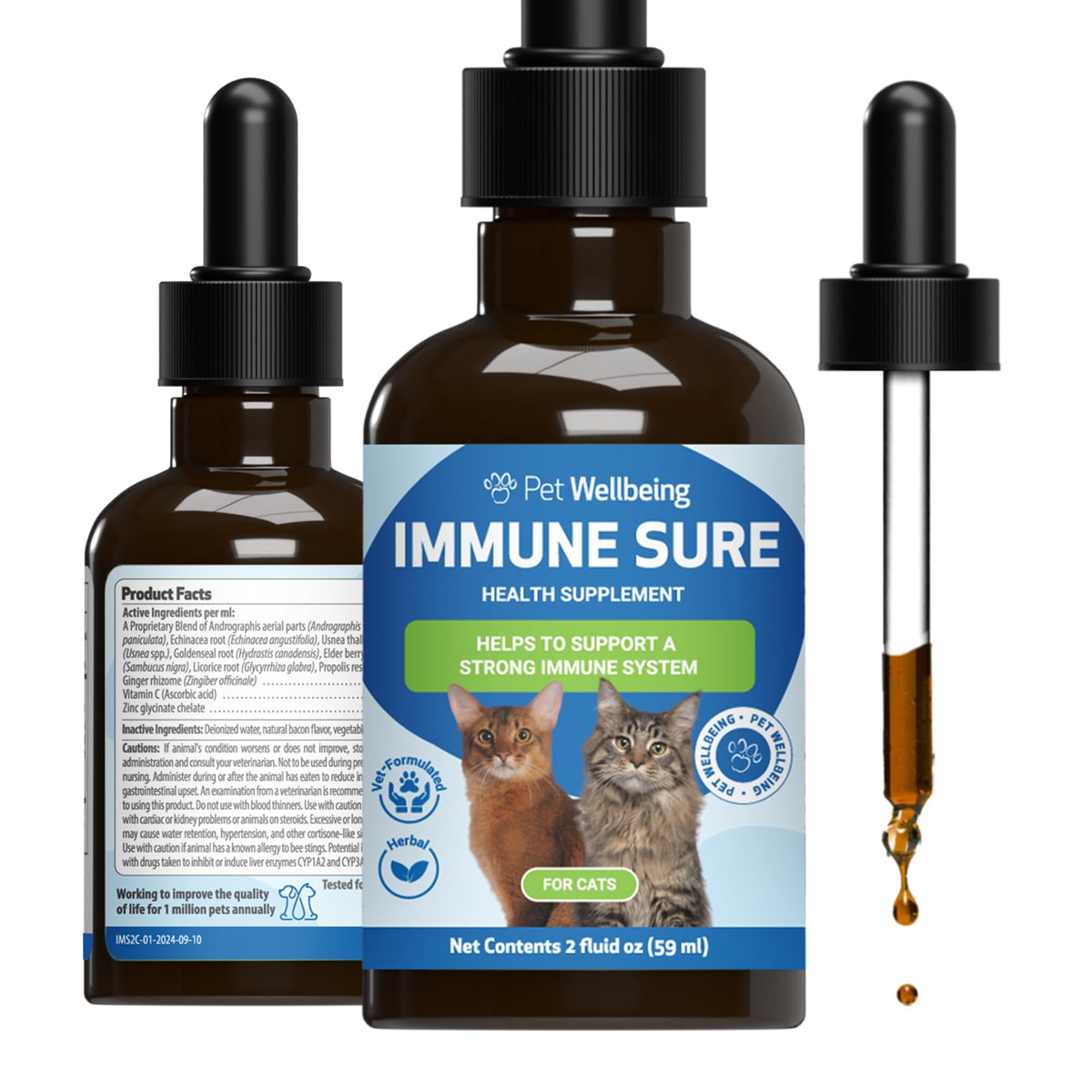 Pet Wellbeing Immune Sure para gatos, botella de 59 ml para apoyar defensas naturales