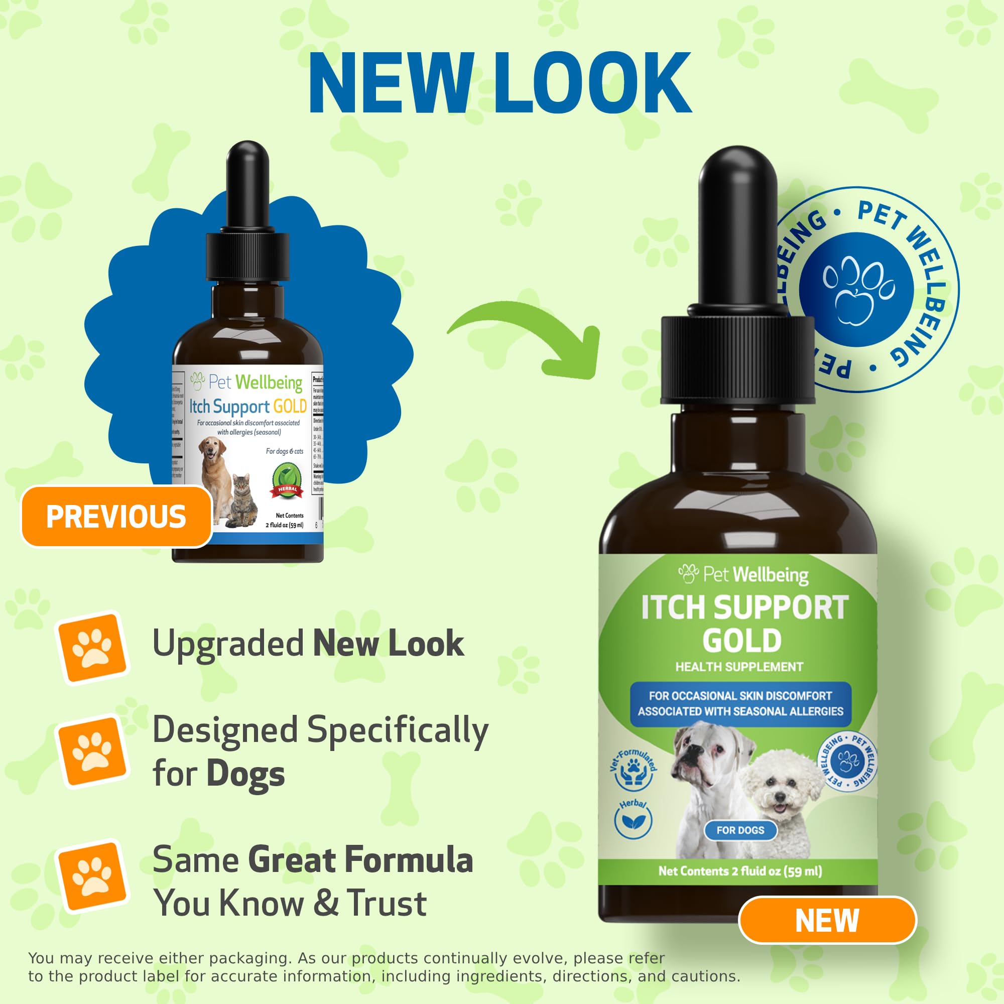 Pet Wellbeing Itch Support Gold etiqueta clara y profesional para confianza.