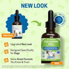 Pet Wellbeing Itch Support Gold etiqueta clara y profesional para confianza.