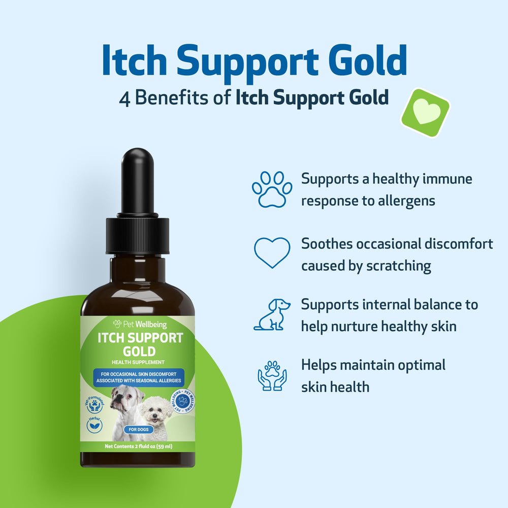 Pet Wellbeing Itch Support Gold uso diario para comodidad de la piel.