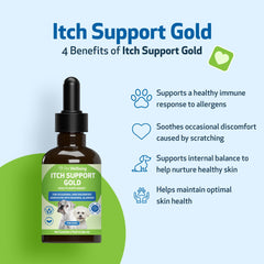 Pet Wellbeing Itch Support Gold uso diario para comodidad de la piel.